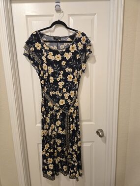 Perceptions Navy and Yellow Floral Tie-Waist Midi Dress